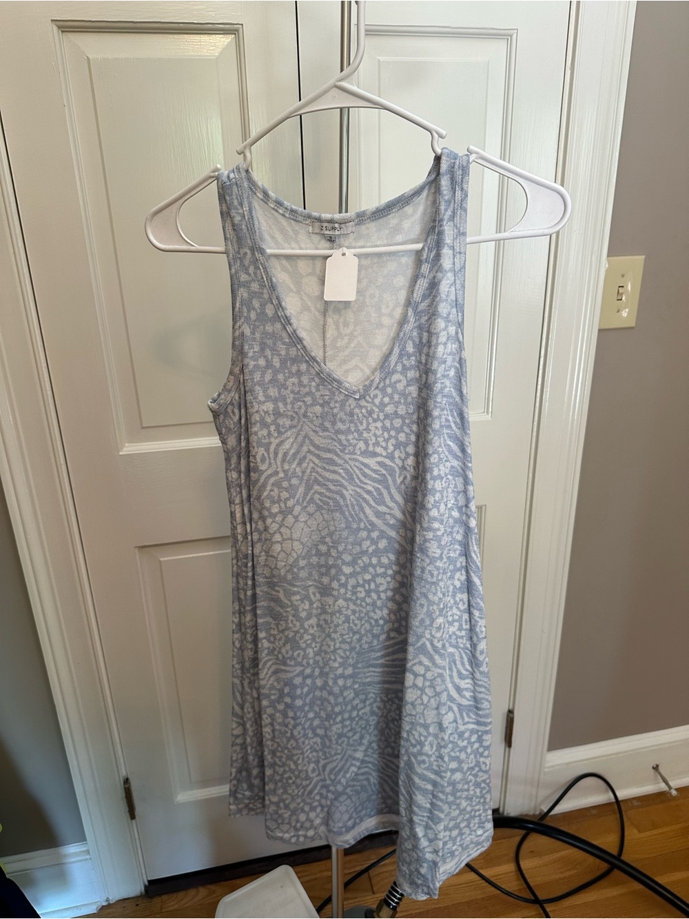 Z Supply Light Blue and White Tank Dress with Subtle Animal Pattern